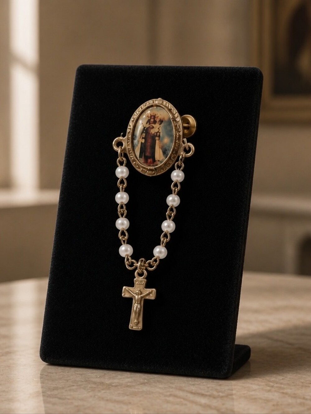Vintage-Inspired Pearl Rosary Enamel Pin with Crucifix